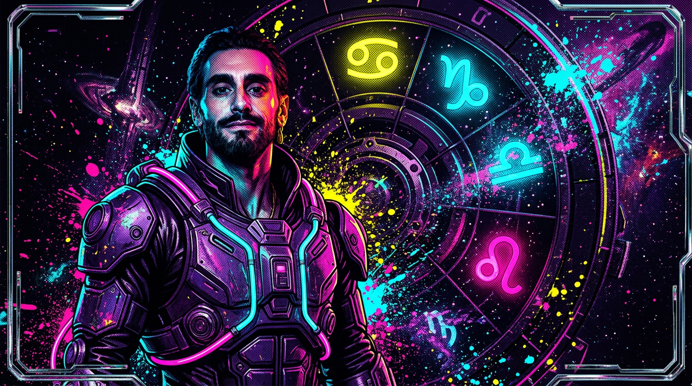 Patrick Neiler framed by a cyberpunk natal chart wheel — Cancer Sun, Capricorn Moon, Leo Rising