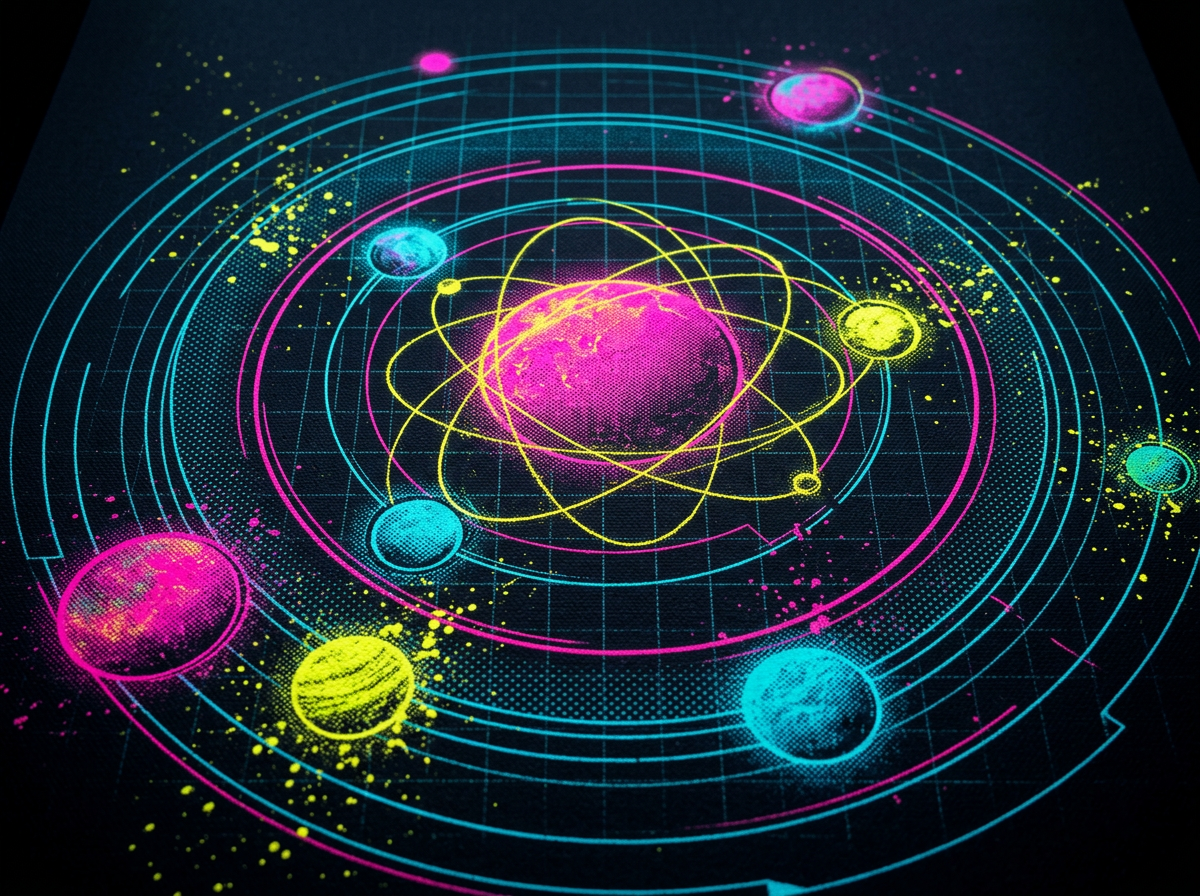 Neon planetary glyphs orbiting a dark cosmic grid