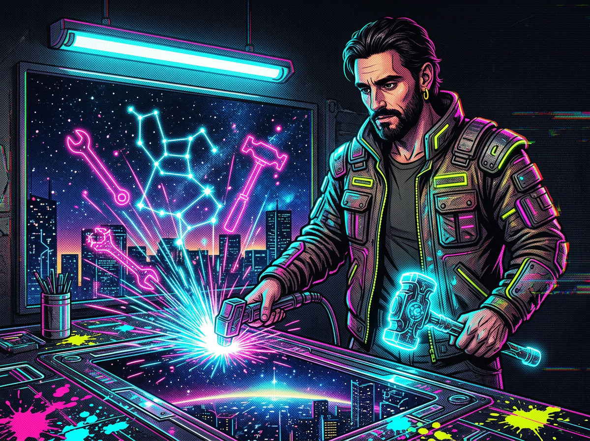 Cyberpunk builder at a neon workbench forging constellation tools