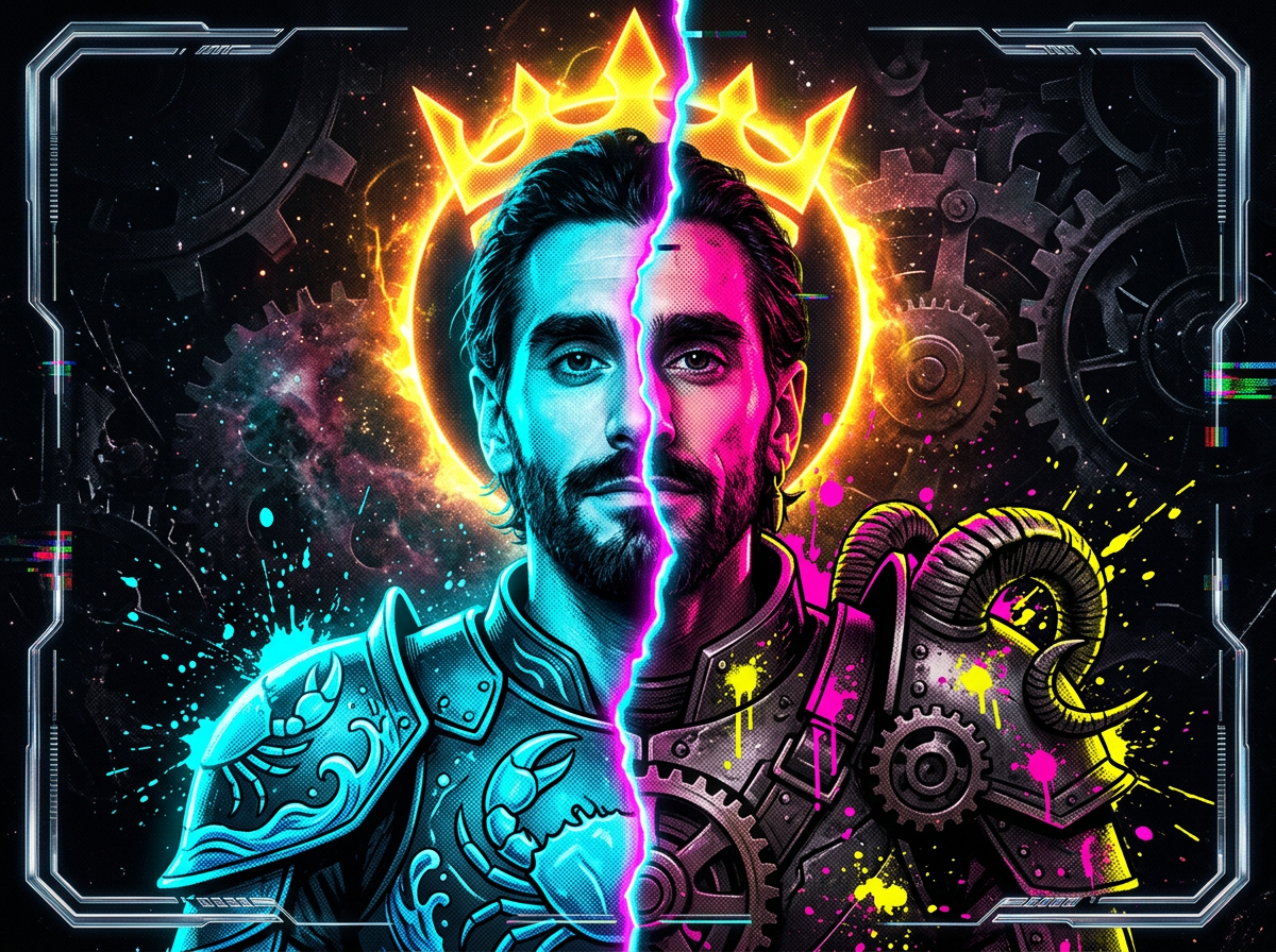 Dual-nature portrait — Cancer softness meeting Capricorn steel under neon light