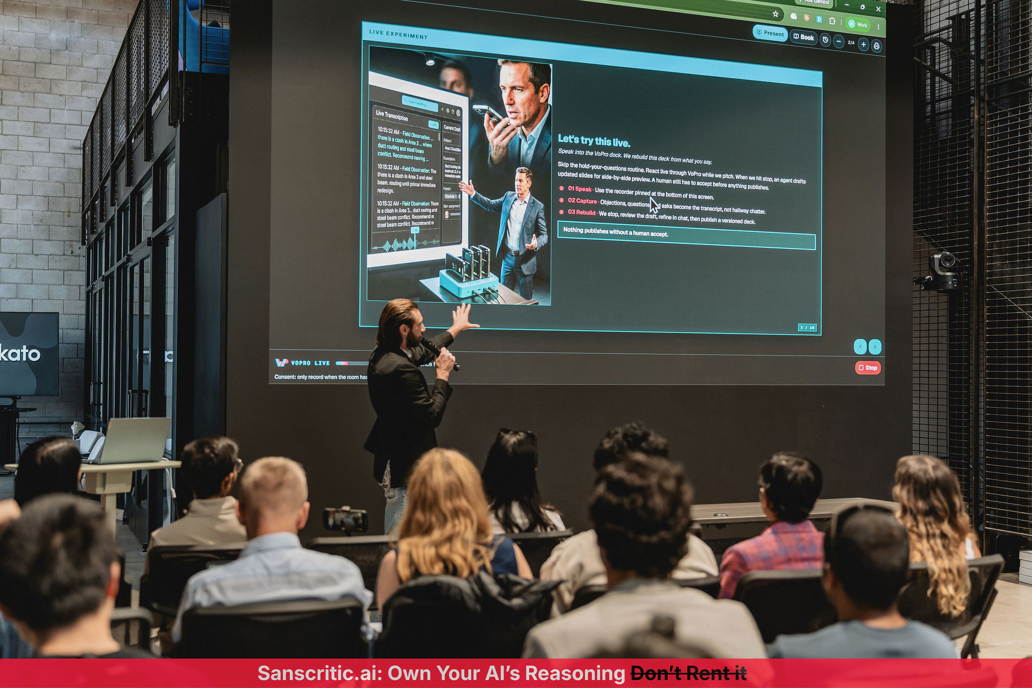 Patrick Neiler pitching VoPro live — Speak, Capture, Rebuild on screen at YC Reject Pitch Night