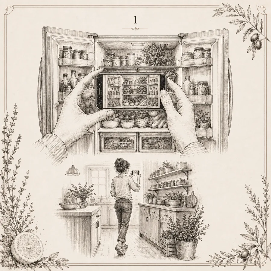 Ink sketch of photographing a refrigerator and filming a kitchen walkthrough