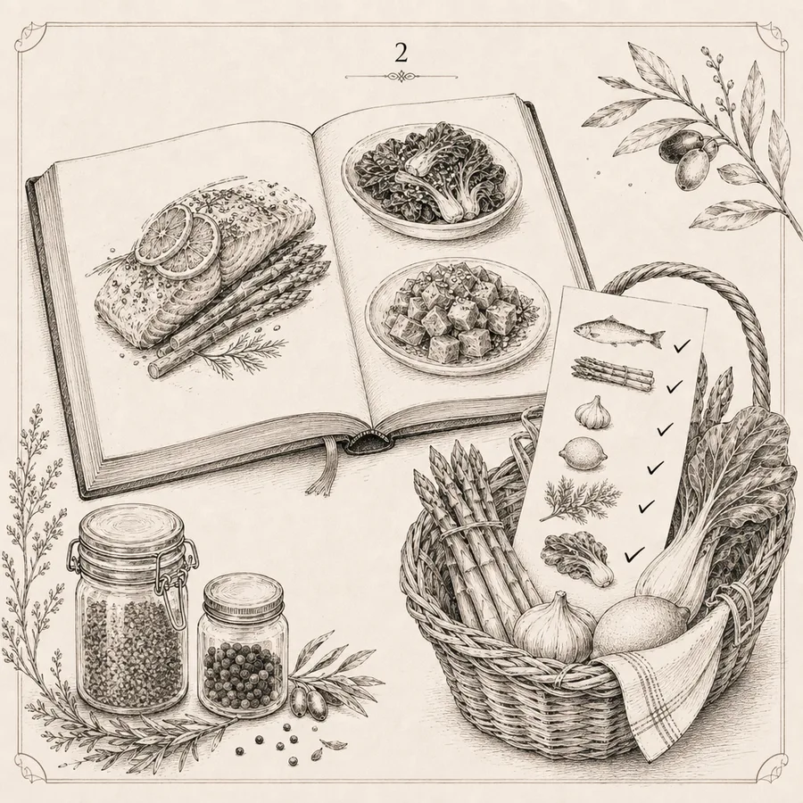Ink sketch of a menu with main and sides beside a market shopping list