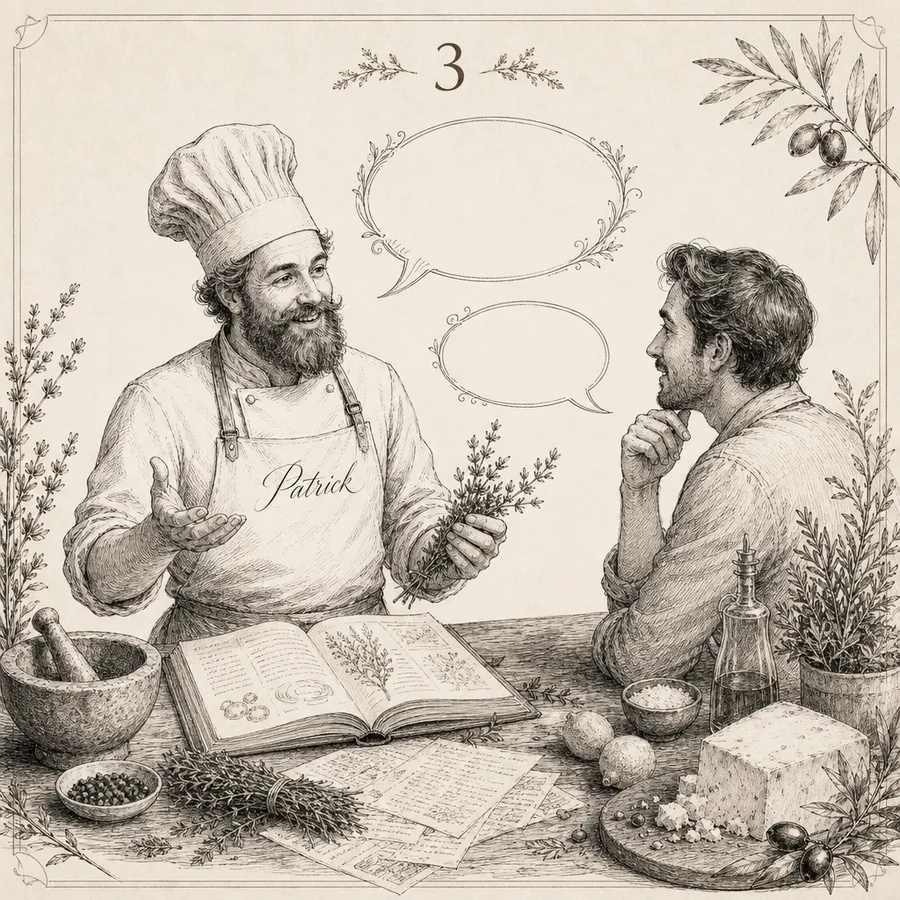 Ink sketch of Chef Patrick at the counter planning recipes with a guest
